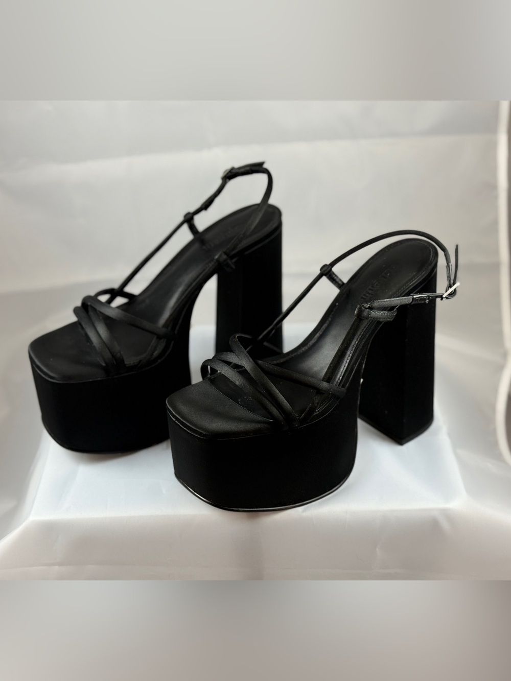 Cult Gaia Black Satin Platform Sandals - Strappy T-Strap Chunky Heel - Picture 2 of 6